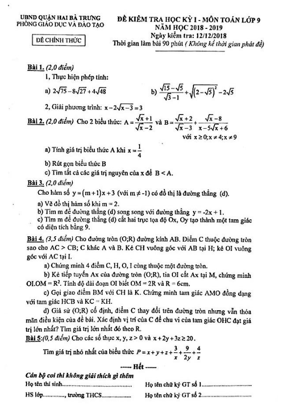 Đề kiểm tra học kì 1 (HK1) lớp 9 môn Toán năm 2018 2019 phòng GD ĐT Hai Bà Trưng Hà Nội