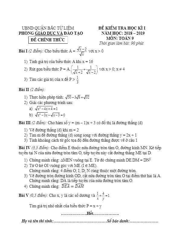 Đề kiểm tra học kì 1 (HK1) lớp 9 môn Toán năm 2018 2019 phòng GD và ĐT Bắc Từ Liêm Hà Nội