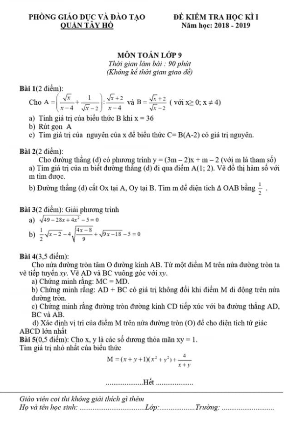 Đề kiểm tra học kì 1 (HK1) lớp 9 môn Toán năm 2018 – 2019 phòng GD ĐT Tây Hồ – Hà Nội