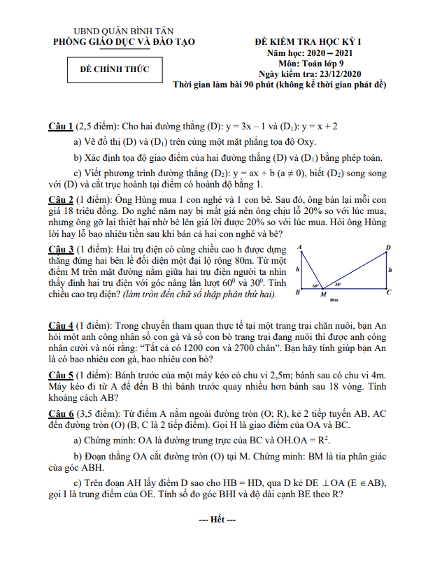 Đề kiểm tra học kì 1 (HK1) lớp 9 môn Toán năm 2020 2021 phòng GD ĐT Bình Tân TP HCM