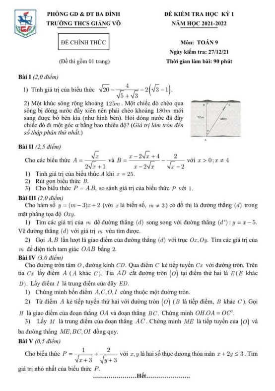 Đề kiểm tra học kì 1 (HK1) lớp 9 môn Toán năm 2021 2022 trường THCS Giảng Võ Hà Nội
