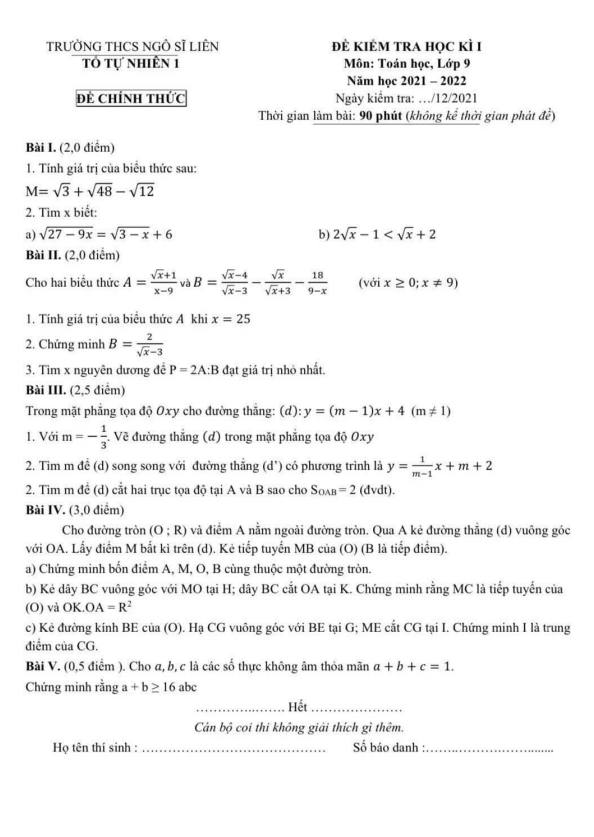 Đề kiểm tra học kì 1 (HK1) lớp 9 môn Toán năm 2021 2022 trường THCS Ngô Sĩ Liên Hà Nội