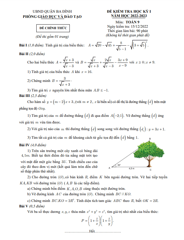 Đề kiểm tra học kì 1 (HK1) lớp 9 môn Toán năm 2022 2023 phòng GD ĐT Ba Đình Hà Nội