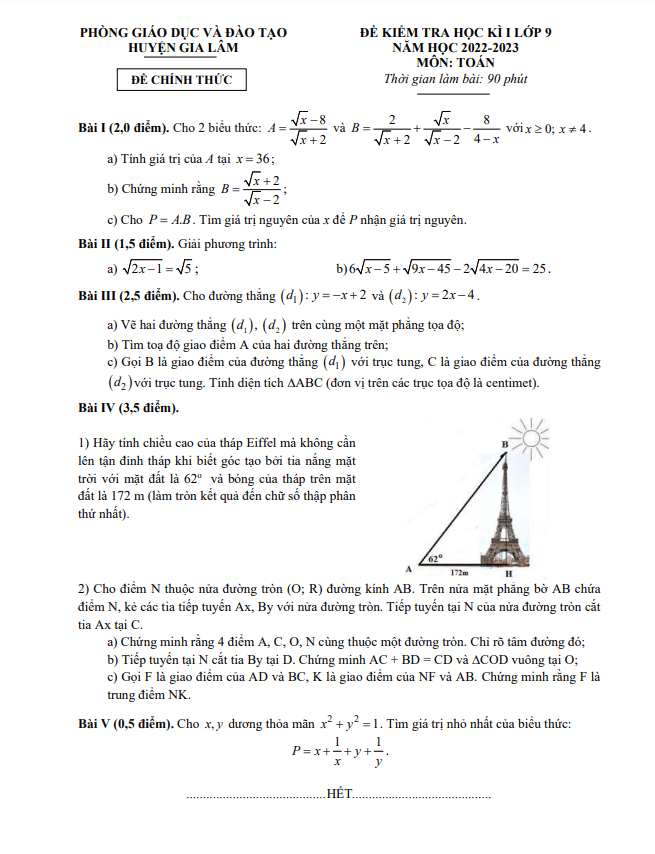 Đề kiểm tra học kì 1 (HK1) lớp 9 môn Toán năm 2022 2023 phòng GD ĐT Gia Lâm Hà Nội