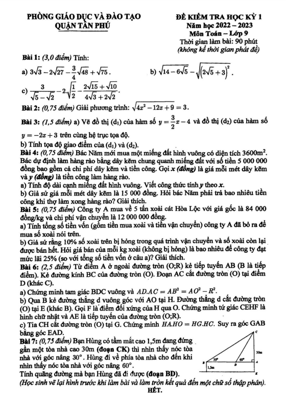 Đề kiểm tra học kì 1 (HK1) lớp 9 môn Toán năm 2022 2023 phòng GD ĐT Tân Phú TP HCM