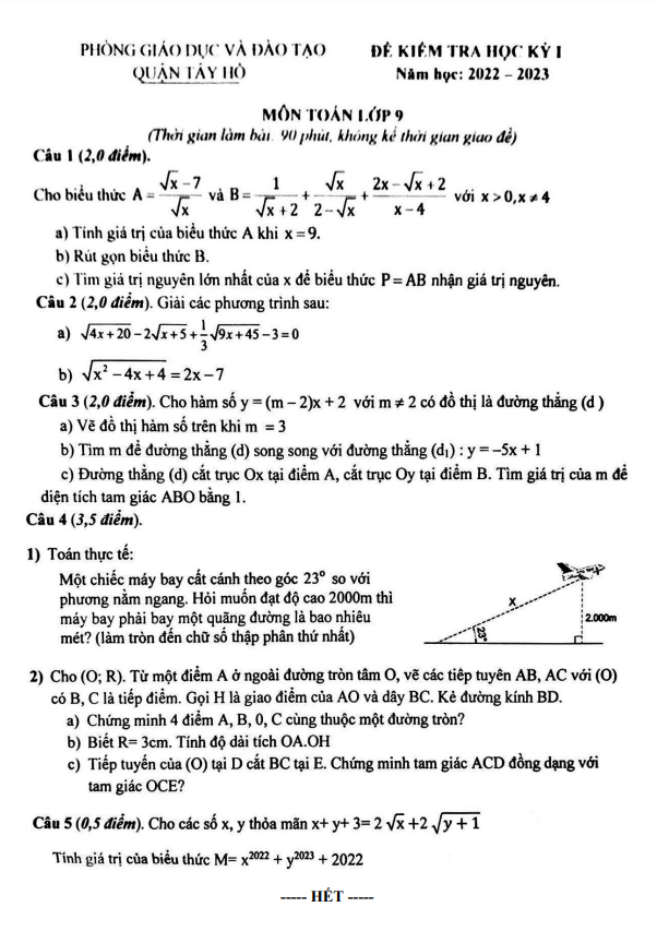 Đề kiểm tra học kì 1 (HK1) lớp 9 môn Toán năm 2022 2023 phòng GD ĐT Tây Hồ Hà Nội