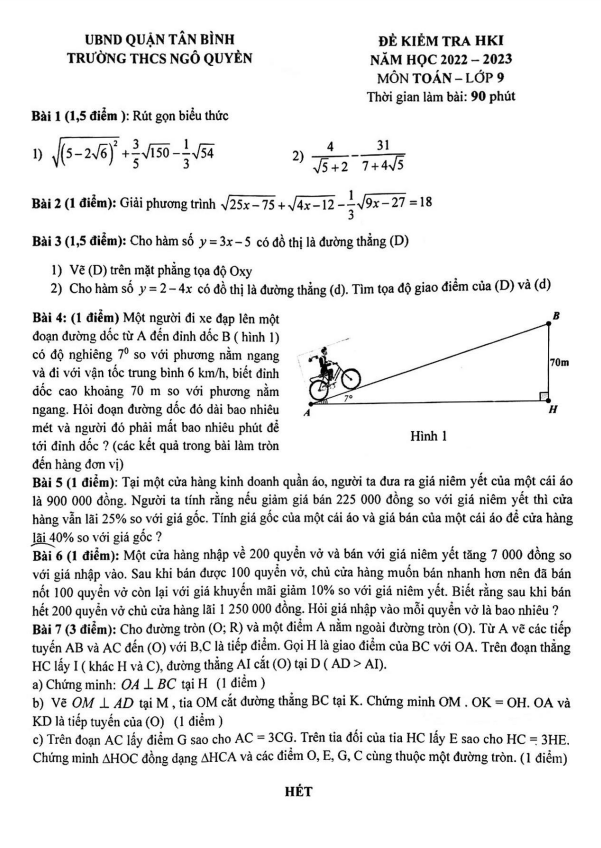 Đề kiểm tra học kì 1 (HK1) lớp 9 môn Toán năm 2022 2023 trường THCS Ngô Quyền TP HCM