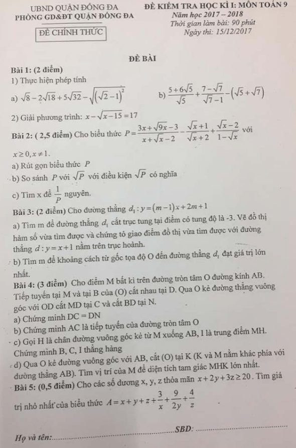 Đề kiểm tra học kì 1 (HK1) lớp 9 môn Toán năm học 2017 2018 phòng GD và ĐT Đống Đa Hà Nội