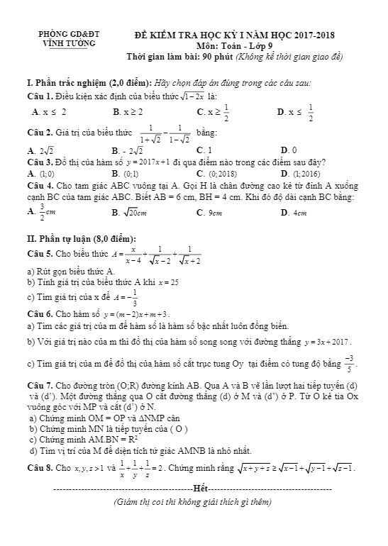 Đề kiểm tra học kì 1 (HK1) lớp 9 môn Toán năm học 2017 2018 phòng GD và ĐT Vĩnh Tường Vĩnh Phúc
