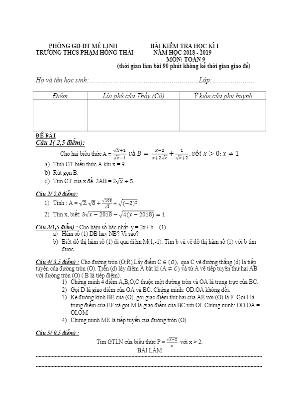Đề kiểm tra học kì 1 (HK1) lớp 9 môn Toán năm học 2018 2019 trường THCS Phạm Hồng Thái Hà Nội