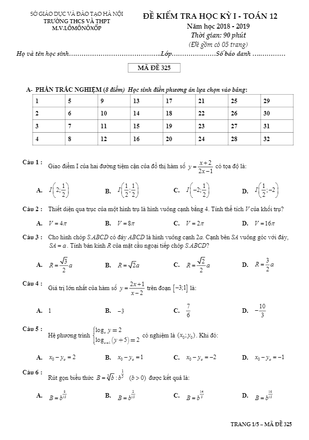 Đề kiểm tra học kì 1 (HK1) Toán 12 năm học 2018 2019 trường M.V Lômônôxốp Hà Nội