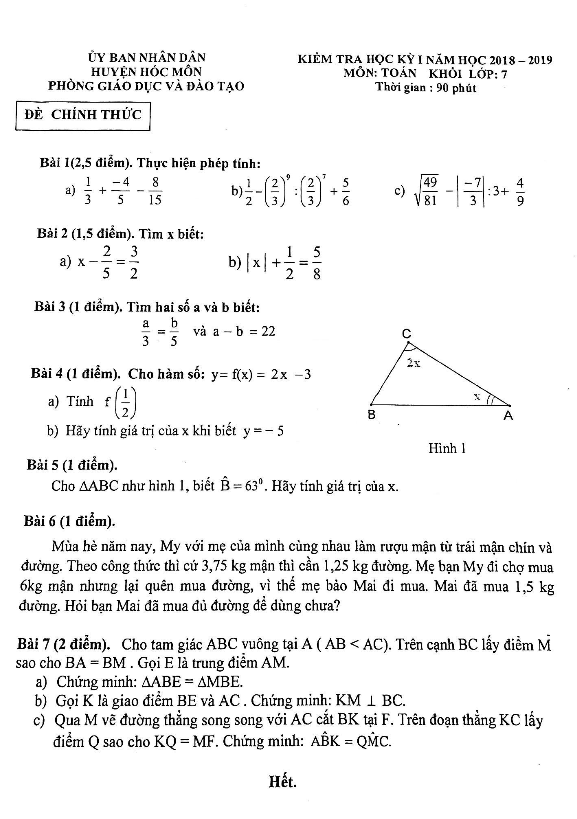 Đề kiểm tra học kì 1 (HK1) Toán 7 năm 2018 – 2019 phòng GD và ĐT Hóc Môn – TP. HCM