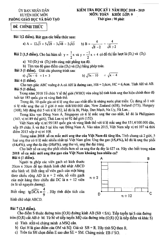 Đề kiểm tra học kì 1 (HK1) Toán 9 năm 2018 2019 phòng GD và ĐT Hóc Môn TP. HCM
