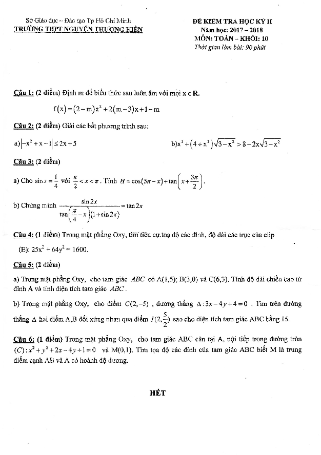 Đề kiểm tra học kì 2 (HK2) lớp 10 môn Toán năm 2017 2018 trường Nguyễn Thượng Hiền TP. HCM