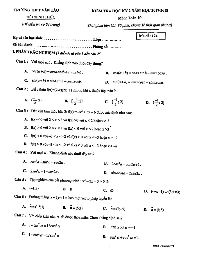Đề kiểm tra học kì 2 (HK2) lớp 10 môn Toán năm 2017 2018 trường THPT Vân Tảo Hà Nội