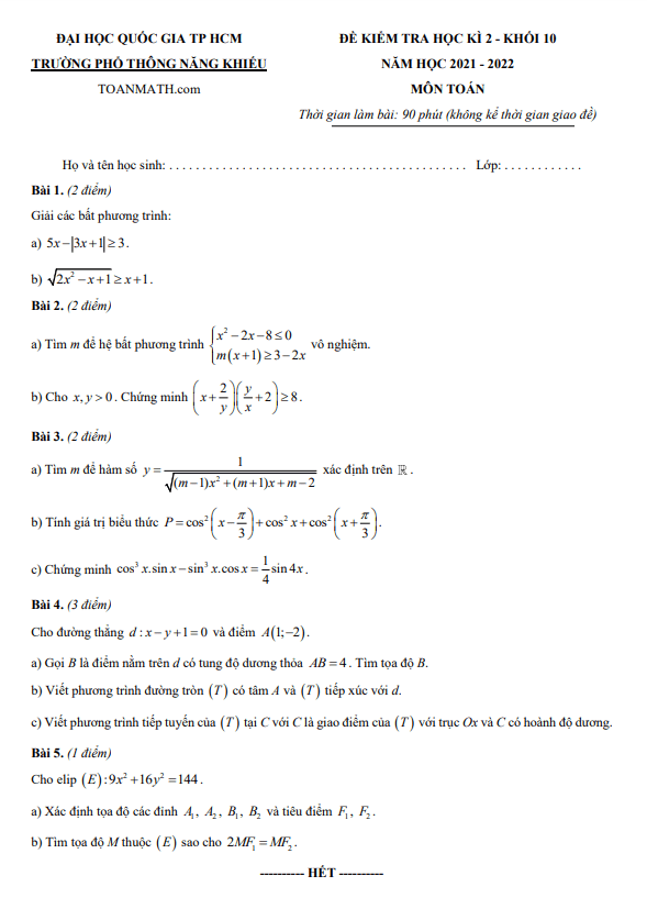 Đề kiểm tra học kì 2 (HK2) lớp 10 môn Toán năm 2021 2022 trường Phổ thông Năng khiếu TP HCM