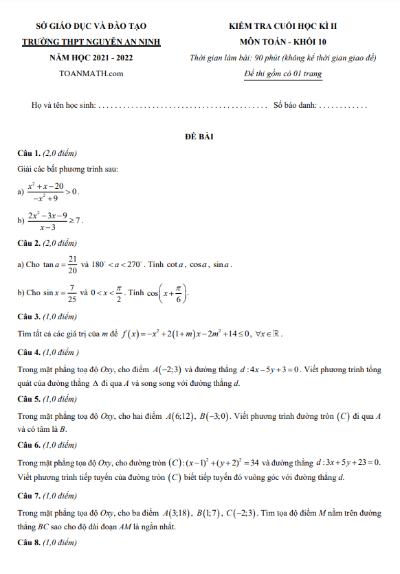 Đề kiểm tra học kì 2 (HK2) lớp 10 môn Toán năm 2021 2022 trường THPT Nguyễn An Ninh TP HCM