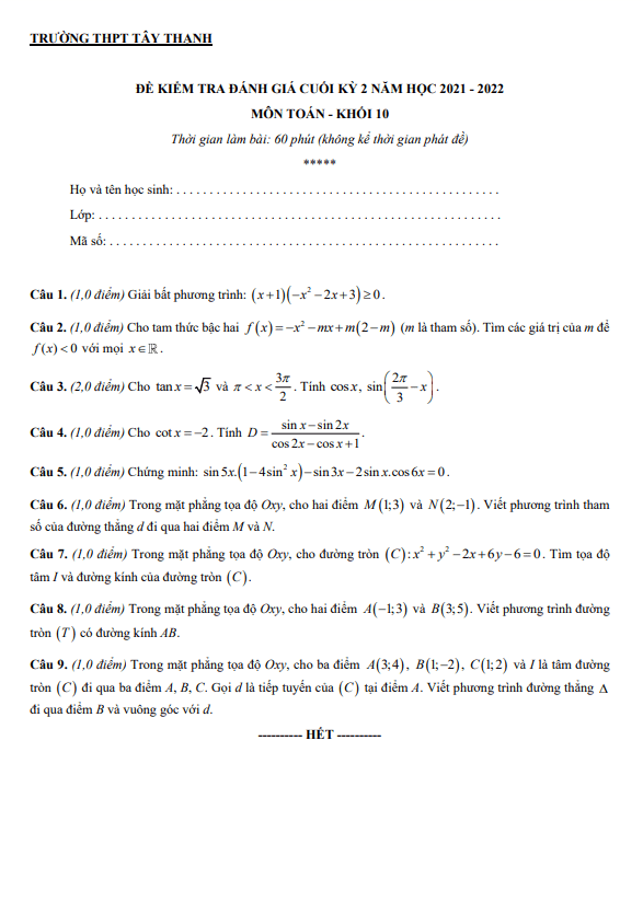 Đề kiểm tra học kì 2 (HK2) lớp 10 môn Toán năm 2021 2022 trường THPT Tây Thạnh TP HCM