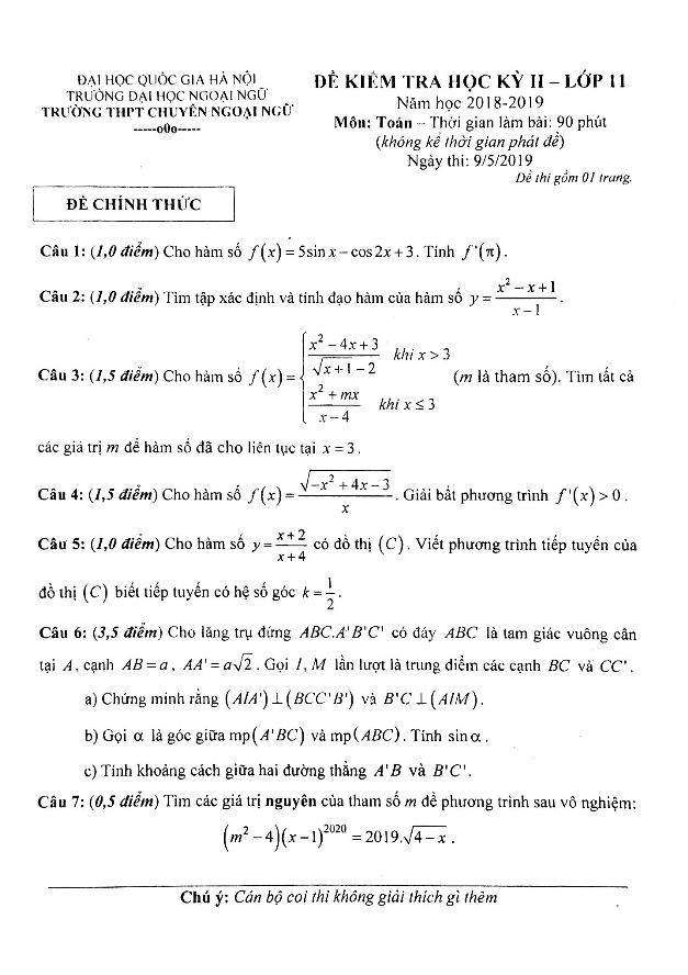 Đề kiểm tra học kì 2 (HK2) lớp 11 môn Toán năm 2018 2019 trường chuyên Ngoại Ngữ Hà Nội