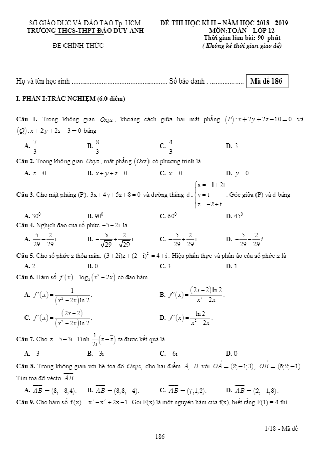 Đề kiểm tra học kì 2 (HK2) lớp 12 môn Toán năm 2018 2019 trường Đào Duy Anh TP HCM