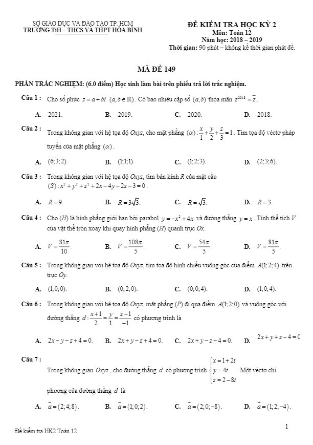 Đề kiểm tra học kì 2 (HK2) lớp 12 môn Toán năm 2018 2019 trường Hòa Bình TP HCM