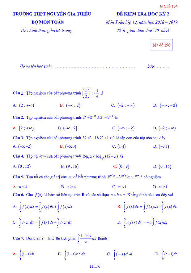 Đề kiểm tra học kì 2 (HK2) lớp 12 môn Toán năm 2018 2019 trường Nguyễn Gia Thiều Hà Nội