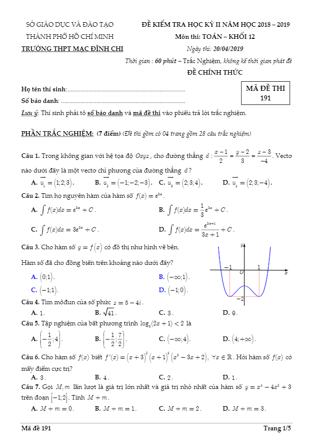 Đề kiểm tra học kì 2 (HK2) lớp 12 môn Toán năm 2018 2019 trường THPT Mạc Đĩnh Chi TP HCM