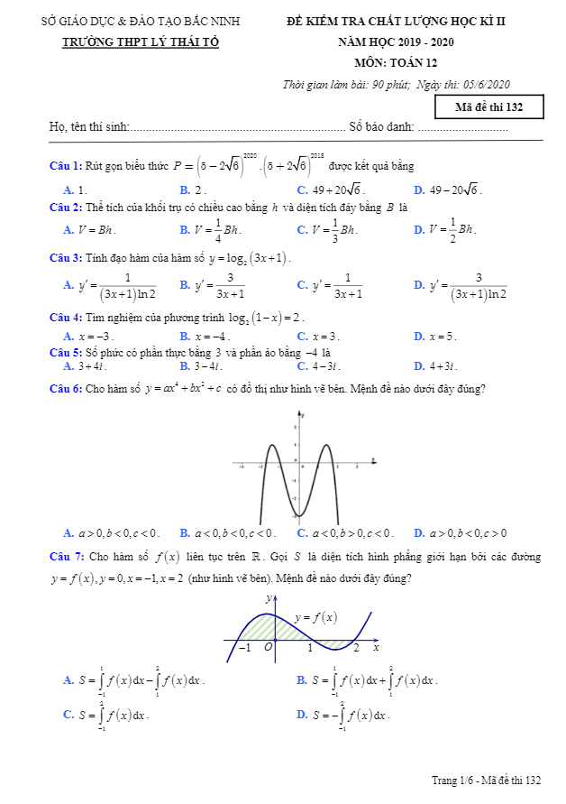 Đề kiểm tra học kì 2 (HK2) lớp 12 môn Toán năm 2019 2020 trường THPT Lý Thái Tổ Bắc Ninh