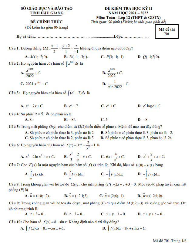 Đề kiểm tra học kì 2 (HK2) lớp 12 môn Toán năm 2021 2022 sở GD ĐT Hậu Giang