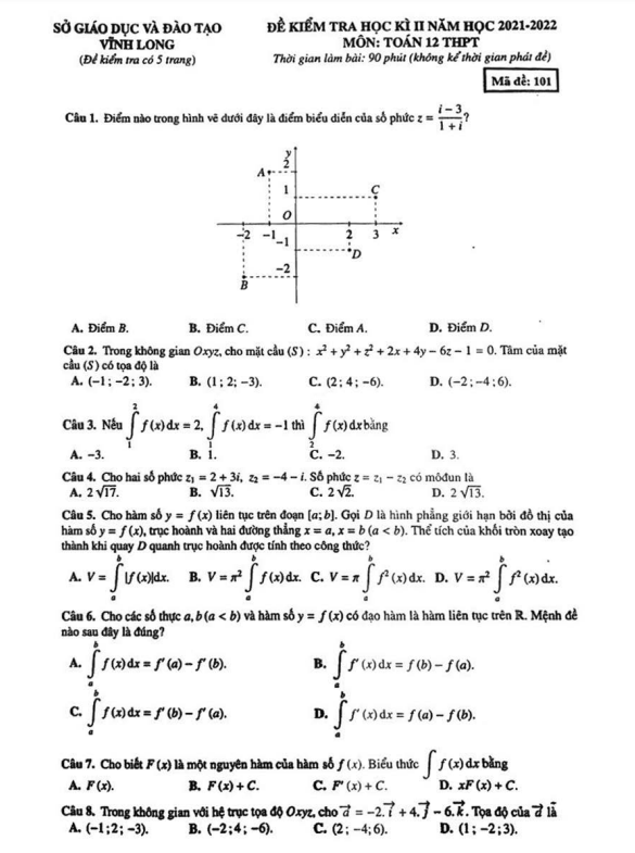 Đề kiểm tra học kì 2 (HK2) lớp 12 môn Toán năm 2021 2022 sở GD ĐT Vĩnh Long