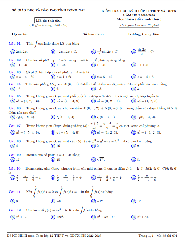 Đề kiểm tra học kì 2 (HK2) lớp 12 môn Toán năm 2022 2023 sở GD ĐT Đồng Nai