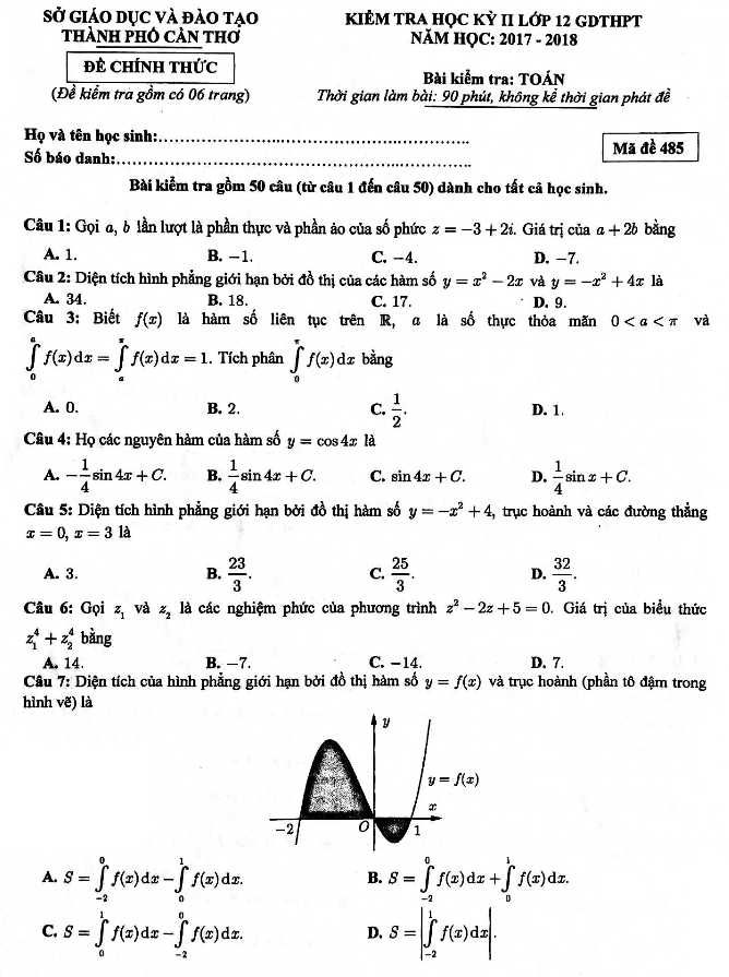 Đề kiểm tra học kì 2 (HK2) lớp 12 môn Toán năm học 2017 2018 sở GD và ĐT Cần Thơ