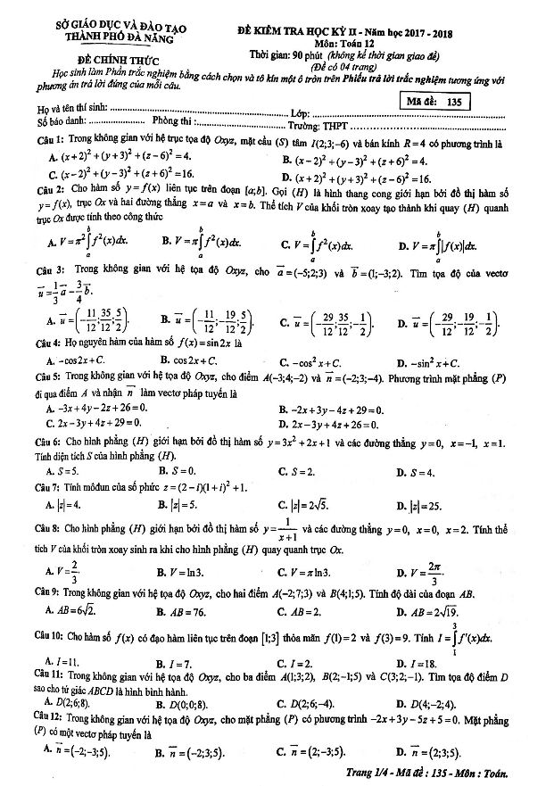 Đề kiểm tra học kì 2 (HK2) lớp 12 môn Toán năm học 2017 2018 sở GD và ĐT Đà Nẵng