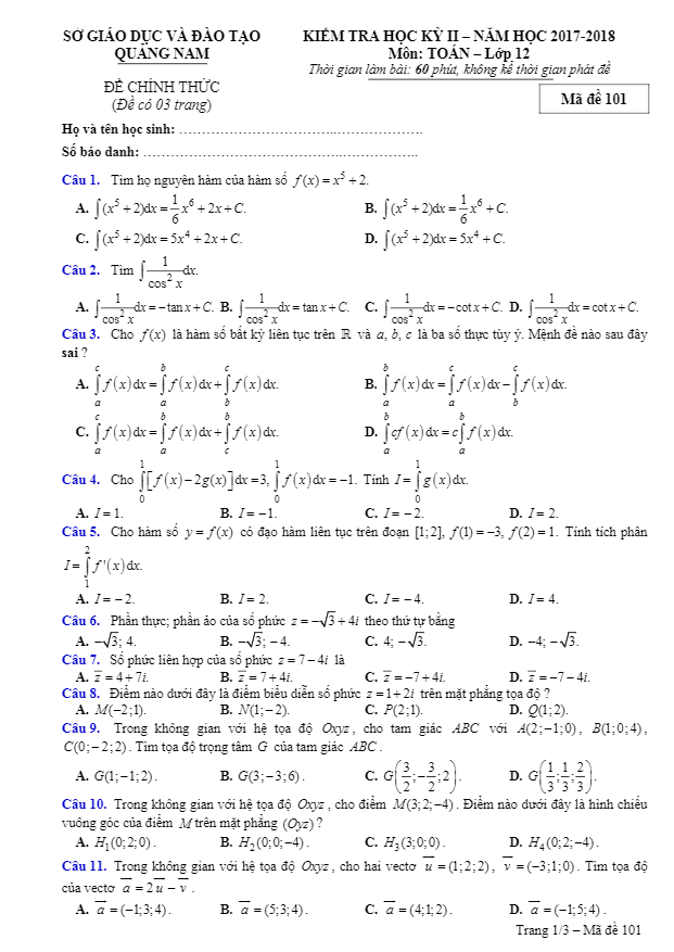 Đề kiểm tra học kì 2 (HK2) lớp 12 môn Toán năm học 2017 2018 sở GD và ĐT Quảng Nam