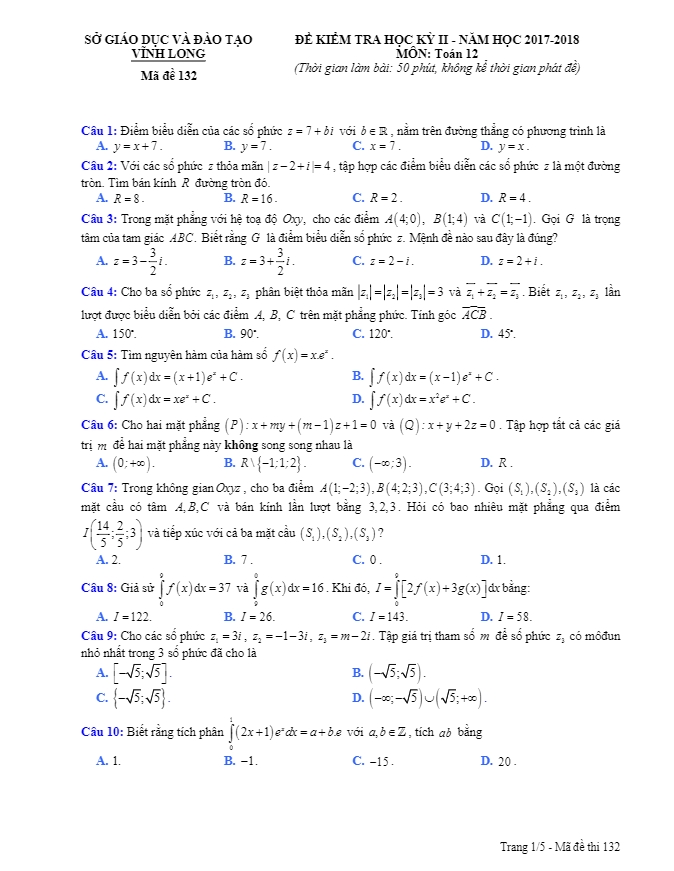 Đề kiểm tra học kì 2 (HK2) lớp 12 môn Toán năm học 2017 2018 sở GD và ĐT Vĩnh Long
