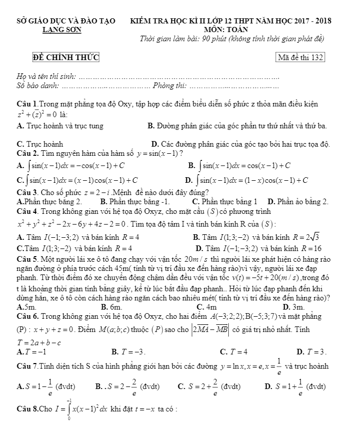 Đề kiểm tra học kì 2 (HK2) lớp 12 môn Toán THPT năm học 2017 2018 sở GD và ĐT Lạng Sơn