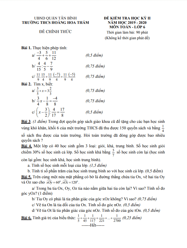 Đề kiểm tra học kì 2 (HK2) lớp 6 môn Toán năm 2019 2020 trường THCS Hoàng Hoa Thám TP HCM