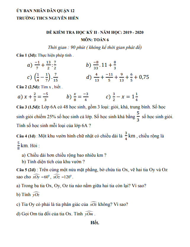 Đề kiểm tra học kì 2 (HK2) lớp 6 môn Toán năm 2019 2020 trường THCS Nguyễn Hiền TP HCM