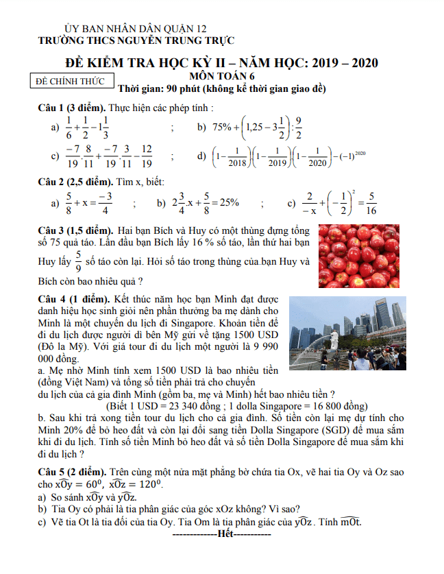 Đề kiểm tra học kì 2 (HK2) lớp 6 môn Toán năm 2019 2020 trường THCS Nguyễn Trung Trực TP HCM