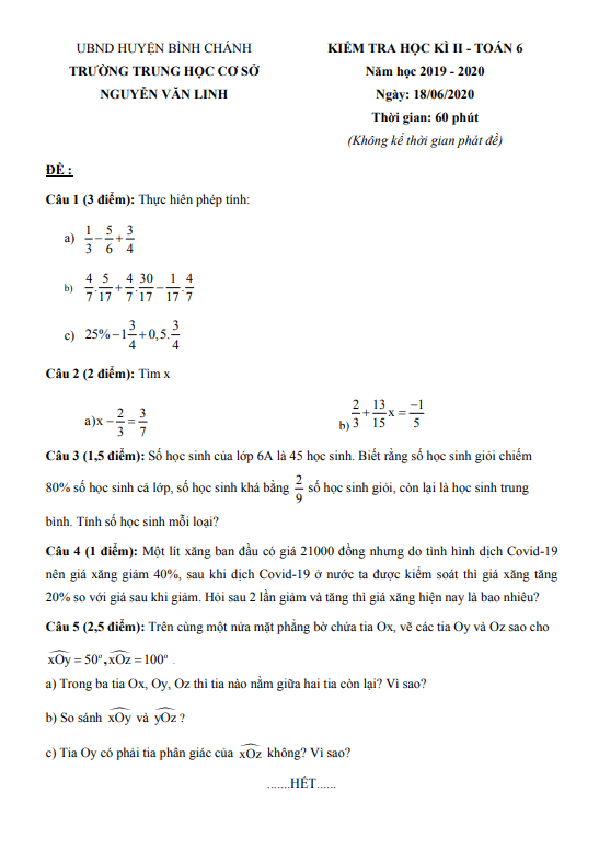 Đề kiểm tra học kì 2 (HK2) lớp 6 môn Toán năm 2019 2020 trường THCS Nguyễn Văn Linh TP HCM