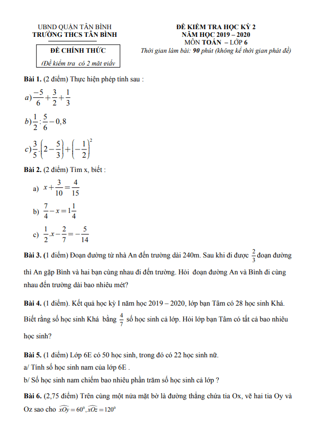 Đề kiểm tra học kì 2 (HK2) lớp 6 môn Toán năm 2019 2020 trường THCS Tân Bình TP HCM