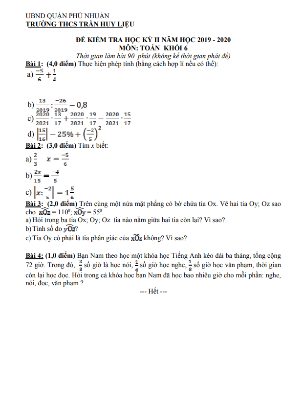 Đề kiểm tra học kì 2 (HK2) lớp 6 môn Toán năm 2019 2020 trường THCS Trần Huy Liệu TP HCM