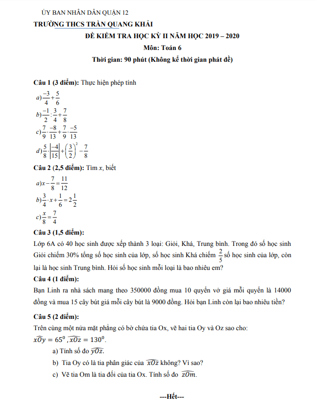 Đề kiểm tra học kì 2 (HK2) lớp 6 môn Toán năm 2019 2020 trường THCS Trần Quang Khải TP HCM