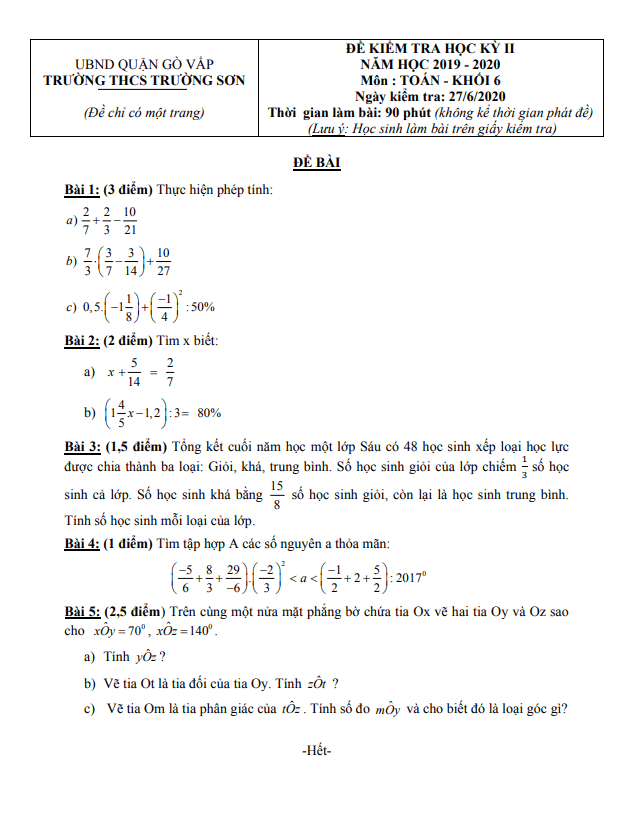Đề kiểm tra học kì 2 (HK2) lớp 6 môn Toán năm 2019 2020 trường THCS Trường Sơn TP HCM