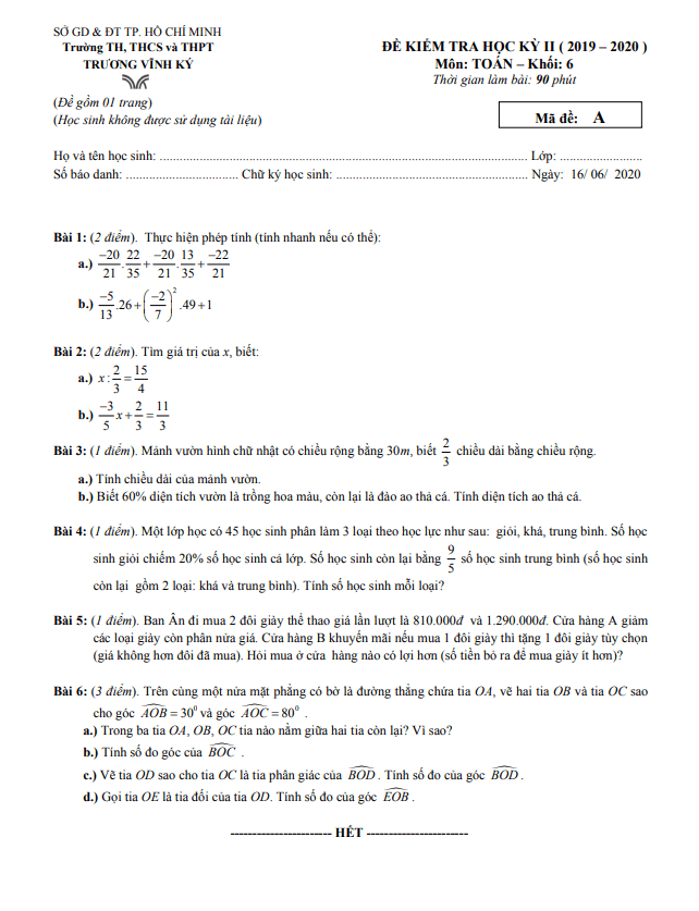 Đề kiểm tra học kì 2 (HK2) lớp 6 môn Toán năm 2019 2020 trường Trương Vĩnh Ký TP HCM