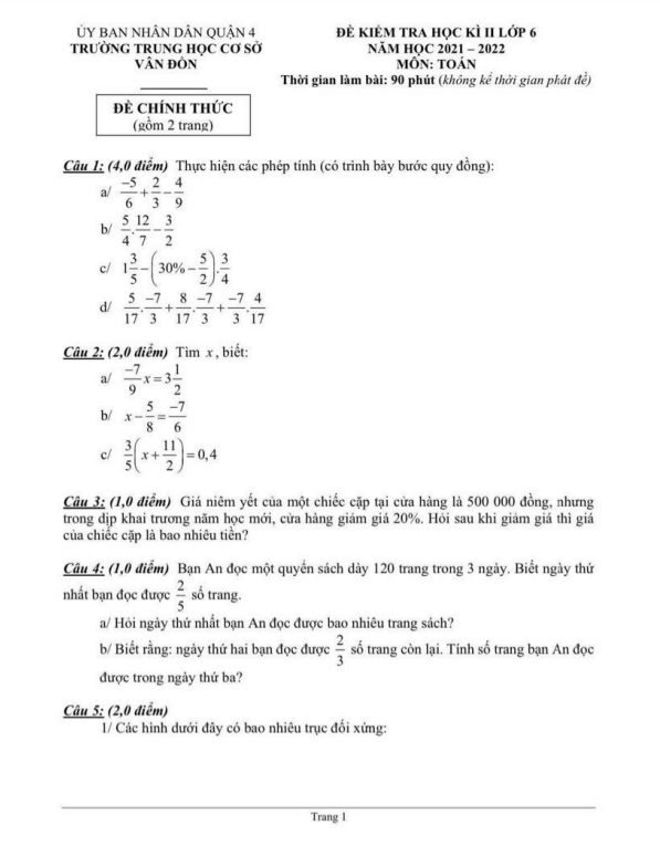 Đề kiểm tra học kì 2 (HK2) lớp 6 môn Toán năm 2021 2022 trường THCS Vân Đồn TP HCM