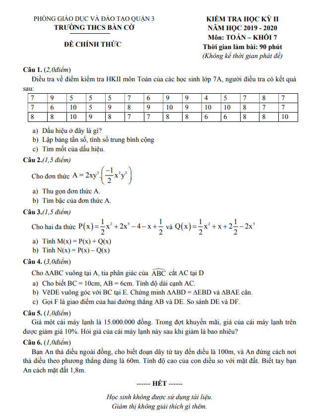 Đề kiểm tra học kì 2 (HK2) lớp 7 môn Toán năm 2019 2020 trường THCS Bàn Cờ TP HCM