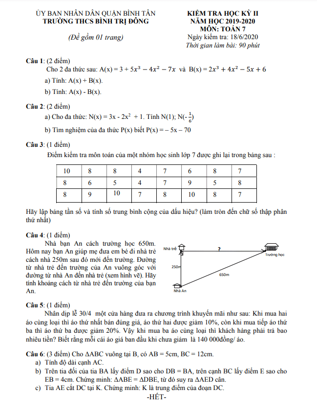Đề kiểm tra học kì 2 (HK2) lớp 7 môn Toán năm 2019 2020 trường THCS Bình Trị Đông TP HCM