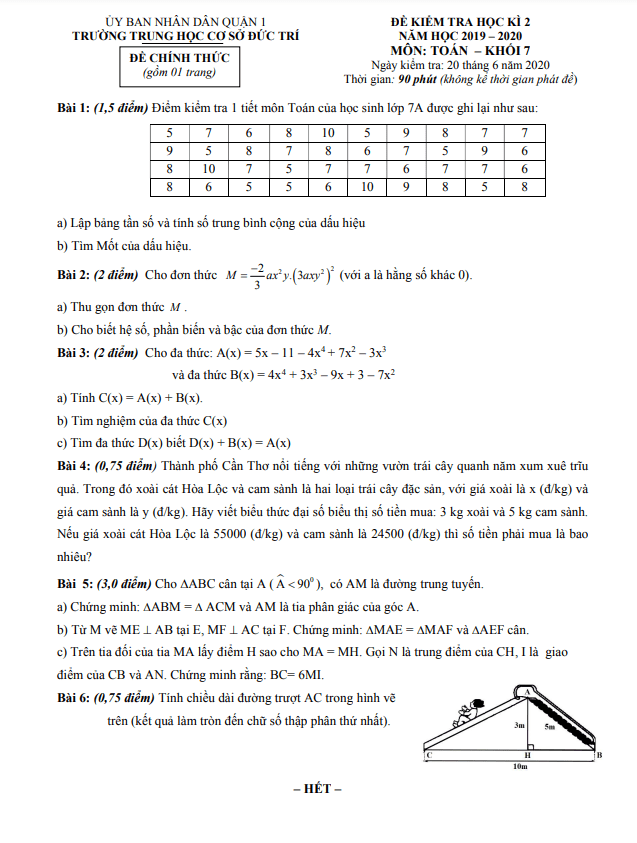 Đề kiểm tra học kì 2 (HK2) lớp 7 môn Toán năm 2019 2020 trường THCS Đức Trí TP HCM