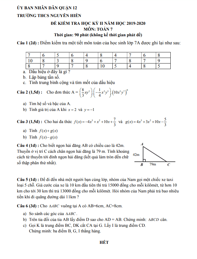 Đề kiểm tra học kì 2 (HK2) lớp 7 môn Toán năm 2019 2020 trường THCS Nguyễn Hiền TP HCM